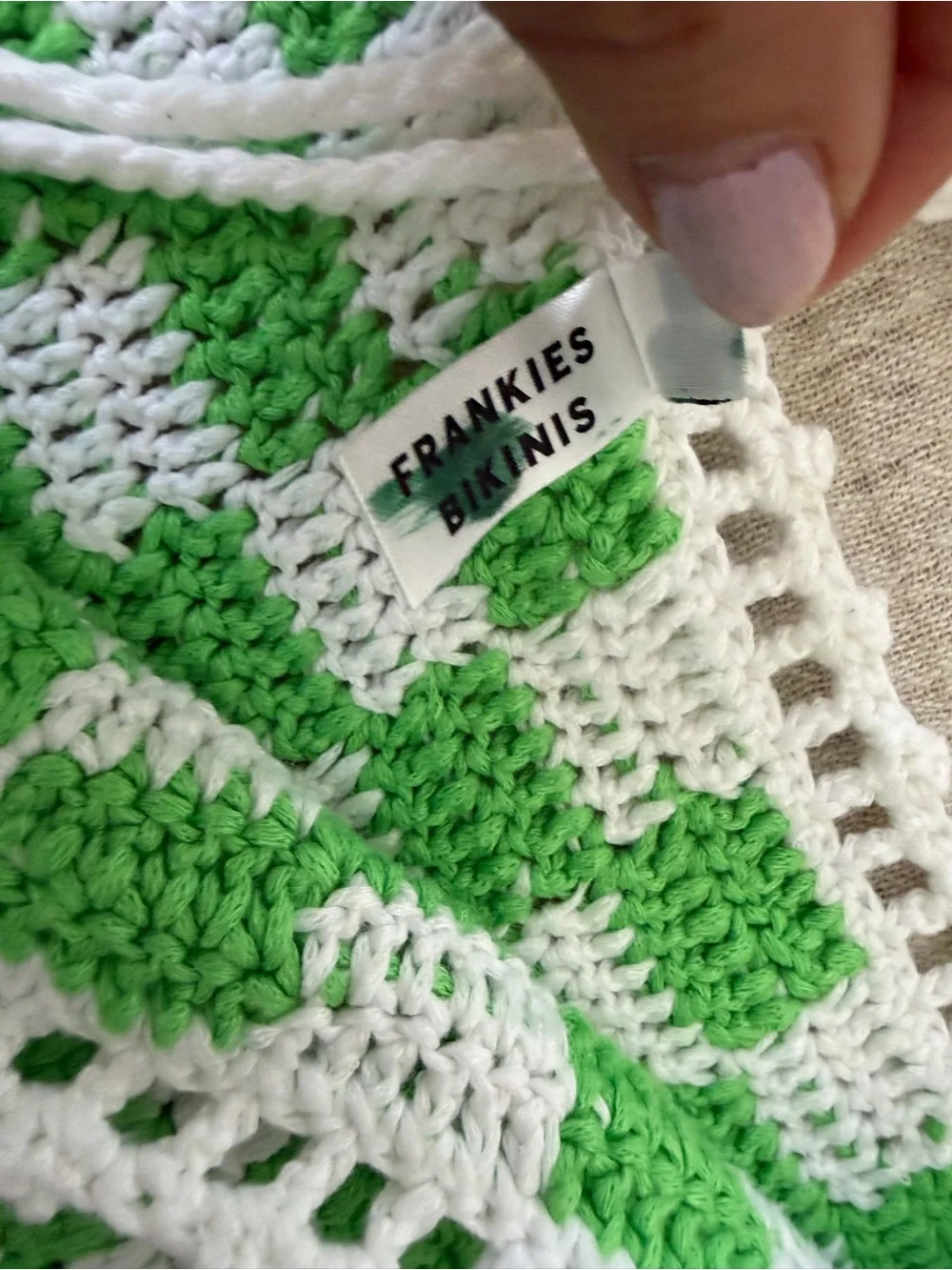 Frankie's Bikinis Green and White Crochet Check Bikini Set